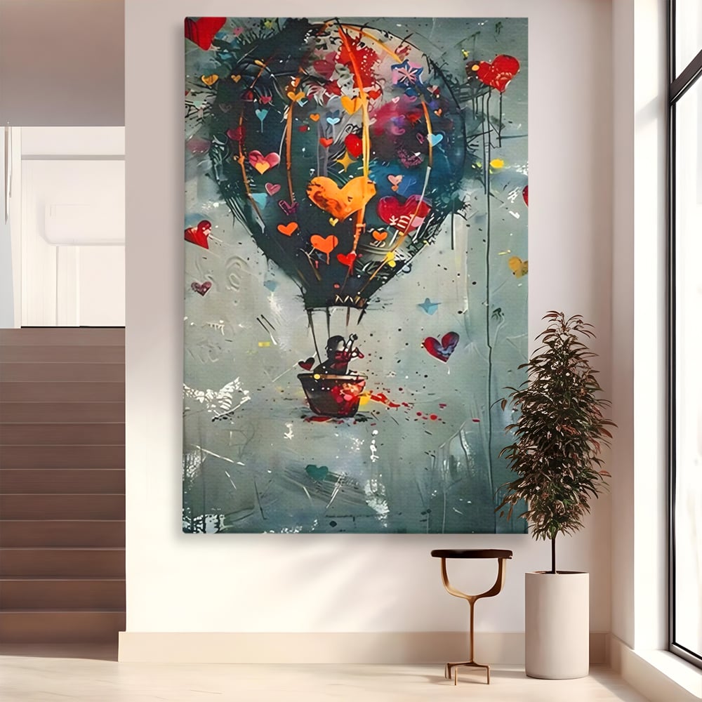 Tablou canvas cu tablou canvas cu balon cu aer cald si inimi, fara rama, pe sasiu de lemn